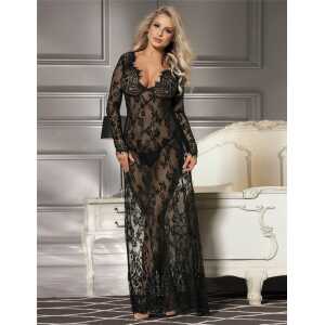 Sexy See-through V Neck Long Black Nightdress With Thong