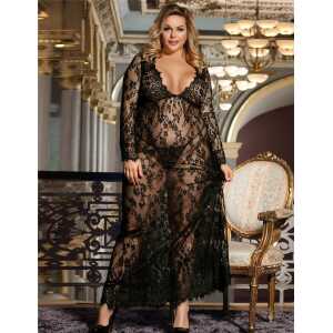 Sexy See-through V Neck Long Black Plus Size Nightdress With Thong
