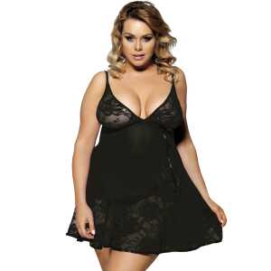 Sexy Black Transparent V Neck Lace Plus Size Short Nightdress