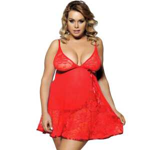 Sexy Transparent V Neck Plus Size Red Lace Short Nightdress