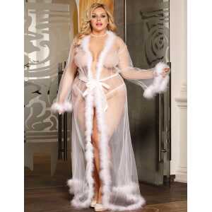 White Plus Size Sexy Plush Edging Mesh Robe With Belt