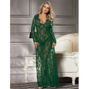 Green V Neck Sexy See-through Long Nightdress With Thong