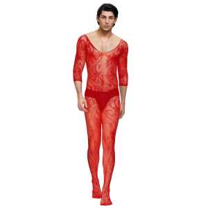 Fishnet & Lace Crotchless Floral Red Bodystockings For Men