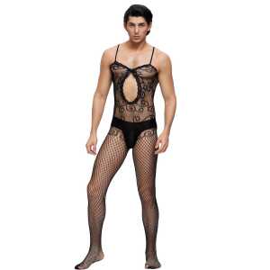 Sexy Black Crocheted Fishnet Bodystockings For Men