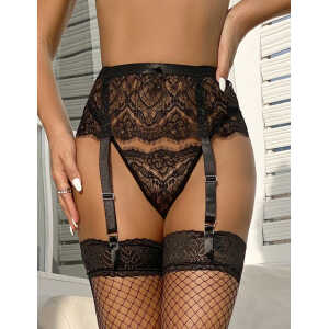 Black Eyelash Lace High Waist Metal Button Garter Belt Panty