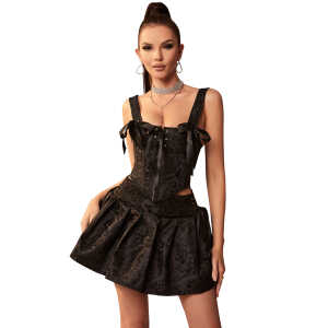 12 Pieces Plastic Bones Black Sexy Jacquard Braces Corset With Skirt