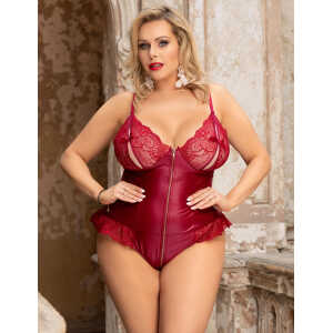 Burgundy	 Sexy PU Leather Lace Zipper Bodysuit