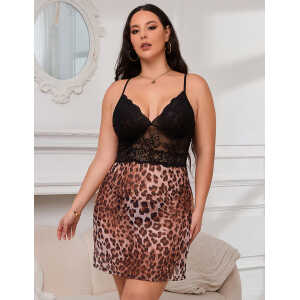 Leopard Print Mesh Lace Side Slit Sexy Lingerie With Chains