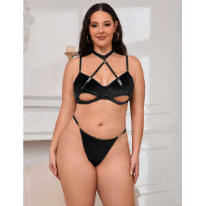 Black Sexy Velvet Hollow Cut Halter Bra Set