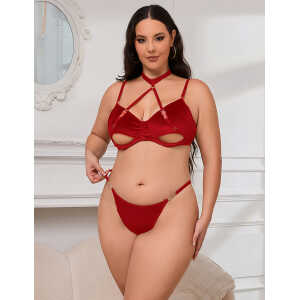 Red Sexy Velvet Hollow Cut Halter Bra Set