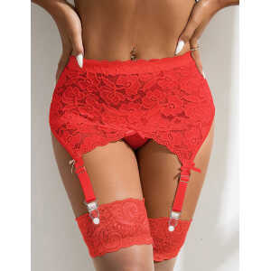 Red Sexy Lace Metal Clips Garter Panty