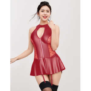 Red Sexy Halter Leather Lace Stitching Gartered Lingerie