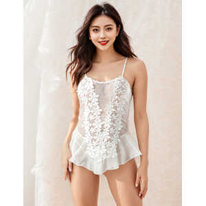 Dotted White Stereoscopic Flower Lace Babydoll