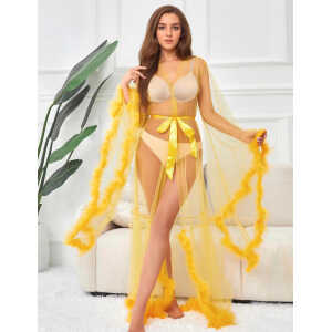 Hot Sale Yellow Long Sleeves Fur Nightgowns with Belt