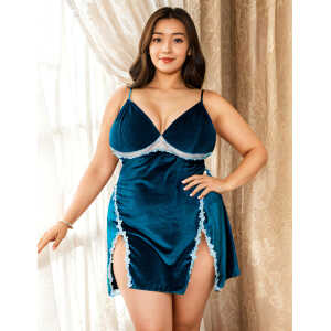 Velour Embroidery Blue Plus Size Nightdress With G String