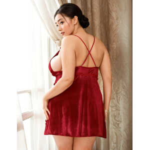 Velour Embroidery Plus Size Red Nightdress With G String