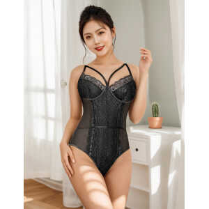 Lace Openable Crotch Black Bodysuit Without Underwire