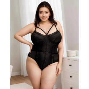Lace Openable Crotch  Plus Size  Black Bodysuit Without Underwire