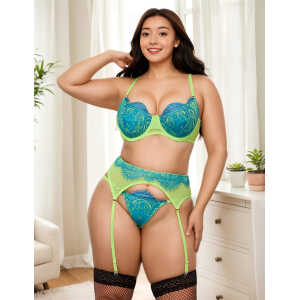 Green Spliced Eyelash Lace Bra Set