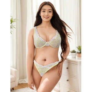 Plus Size Yellow Two Straps Floral Lace Underwire Bra Set