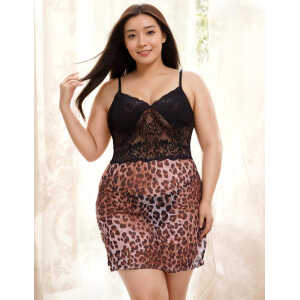 Leopard Print Mesh Lace Side Slit Sexy Lingerie With Chains