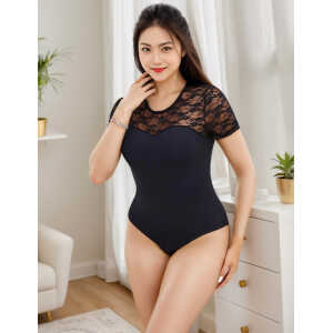 Black Sexy Lace Openable Crotch Short Sleeves Bodysuit