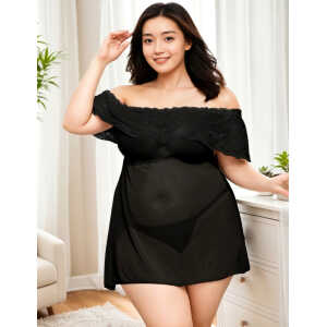 Plus Size Valentines Day Style Black Off-Shoulder Lace Sexy Babydoll