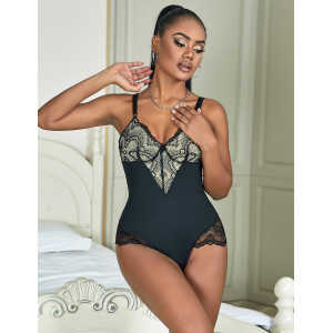 Black Lace Patchwork Suspender Bodysuit