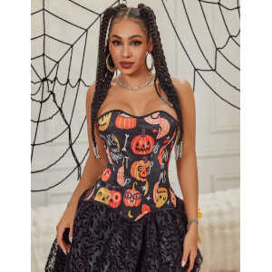 15 Pieces Plastic Bones Black Sexy Pumpkin Print Zipper Lace Up Halloween Corset