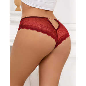 Burgundy Sexy Metal Heart Lace Hollow Out Women Panty