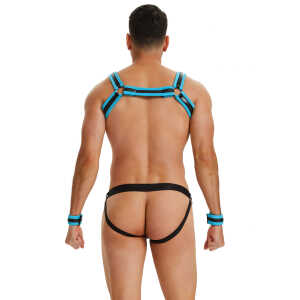 Blue Men Sexy PU Leather Harness Zipper Underwear Set