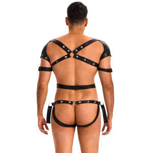 Black Sexy Faux Leather Harness Zipper Men Bodysuit Lingerie