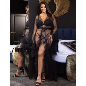 Long Black Sexy Ruffled Trumpet Sleeves Robe With Belt