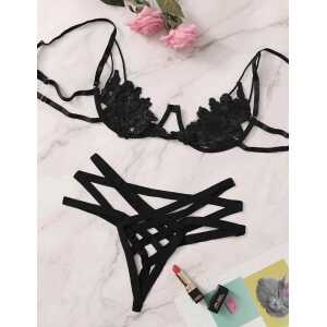 Black Elegant Embroidery Fashion Bra Set With Underwire