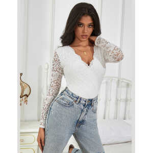 White Brushed Lace Long Sleeve Bodysuit