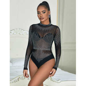 Black Long-Sleeved Rhinestone Mesh See-Through Bodysuit