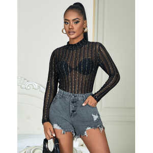Black Long-Sleeved Bronzing Mesh See-Through Bodysuit