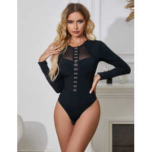 Hook Buckles Long Sleeve Slim Mesh Bodysuit