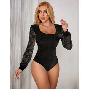 Black Long Sleeve Openable Crotch Mesh Bodysuit