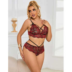 High Quality Red Lace Cross Strap Decoration Sexy Bra Set
