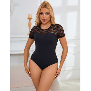 Black Sexy Lace Openable Crotch Short Sleeves Bodysuit