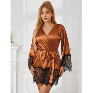 Elegant Nightdress Silk Eyelash Lace Long Sleeves  Sleepwear With G String