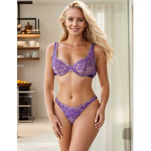 Purple Floral Lace Underwire Bra Set