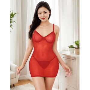 Red Sexy Mesh Strappy Lingerie With A Lace-Up Back