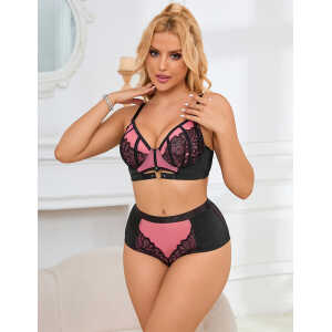 Pink Sexy Lace Mesh Push-up Bra Set