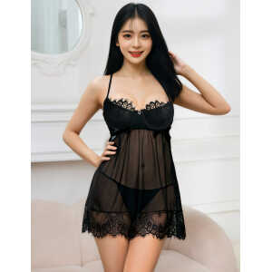 Black Sexy Eyelash Lace Mesh Cross Straps Push Up Nightdress