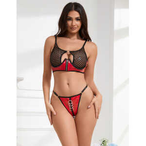 Red Sexy Patent Leather Mesh Zippered Bra Set